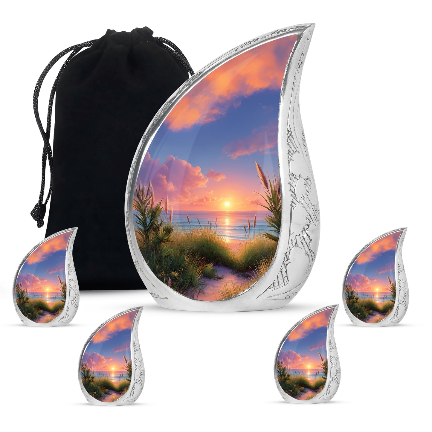 Cornflower Blue Beach Cremation Urn side profile showing urn shape - smooth teardrop contour featuring beach art - memorial set with one large and four small urns