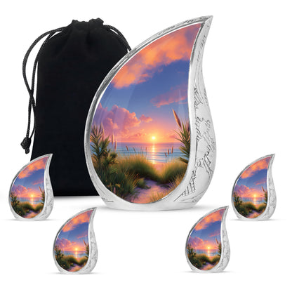 Cornflower Blue Beach Cremation Urn side profile showing urn shape - smooth teardrop contour featuring beach art - memorial set with one large and four small urns
