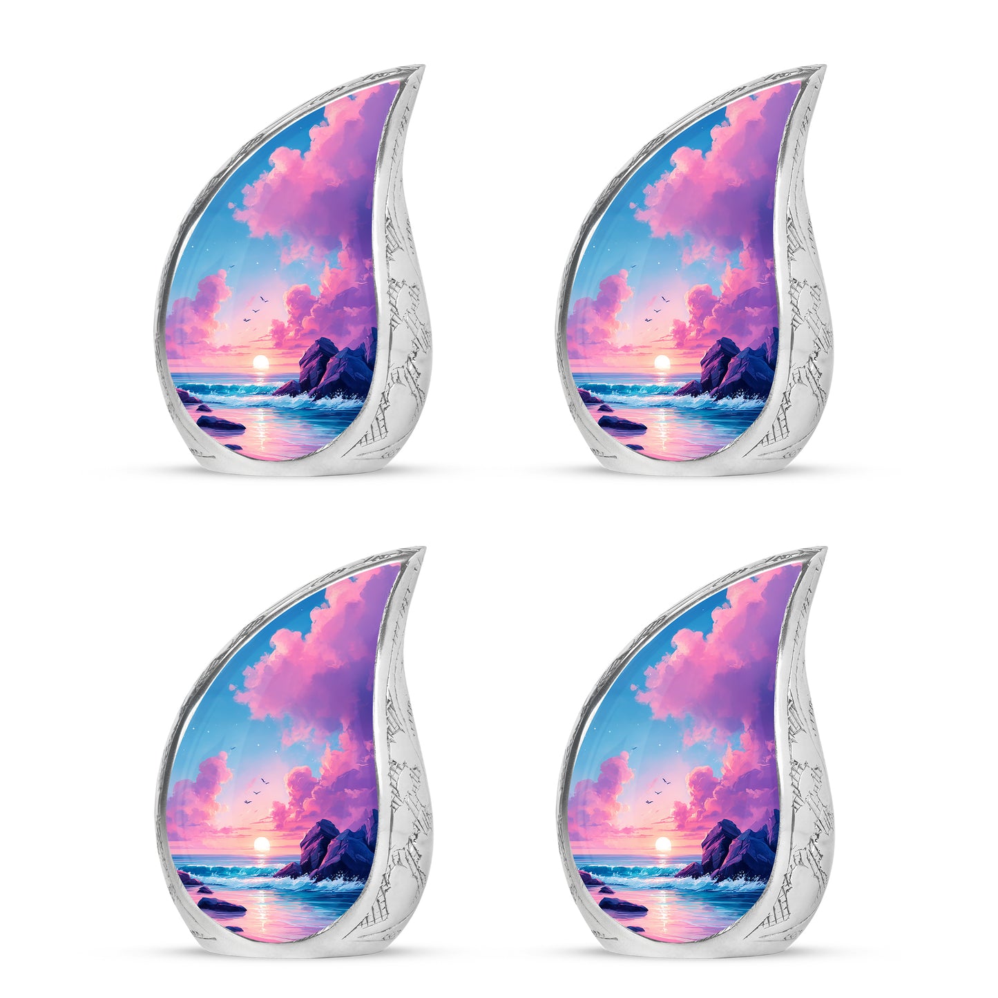Cornflower Blue Beach Cremation Urn close-up of engraving and surface detail - smooth teardrop contour featuring beach art - 10 inch aluminum urn for cremated remains