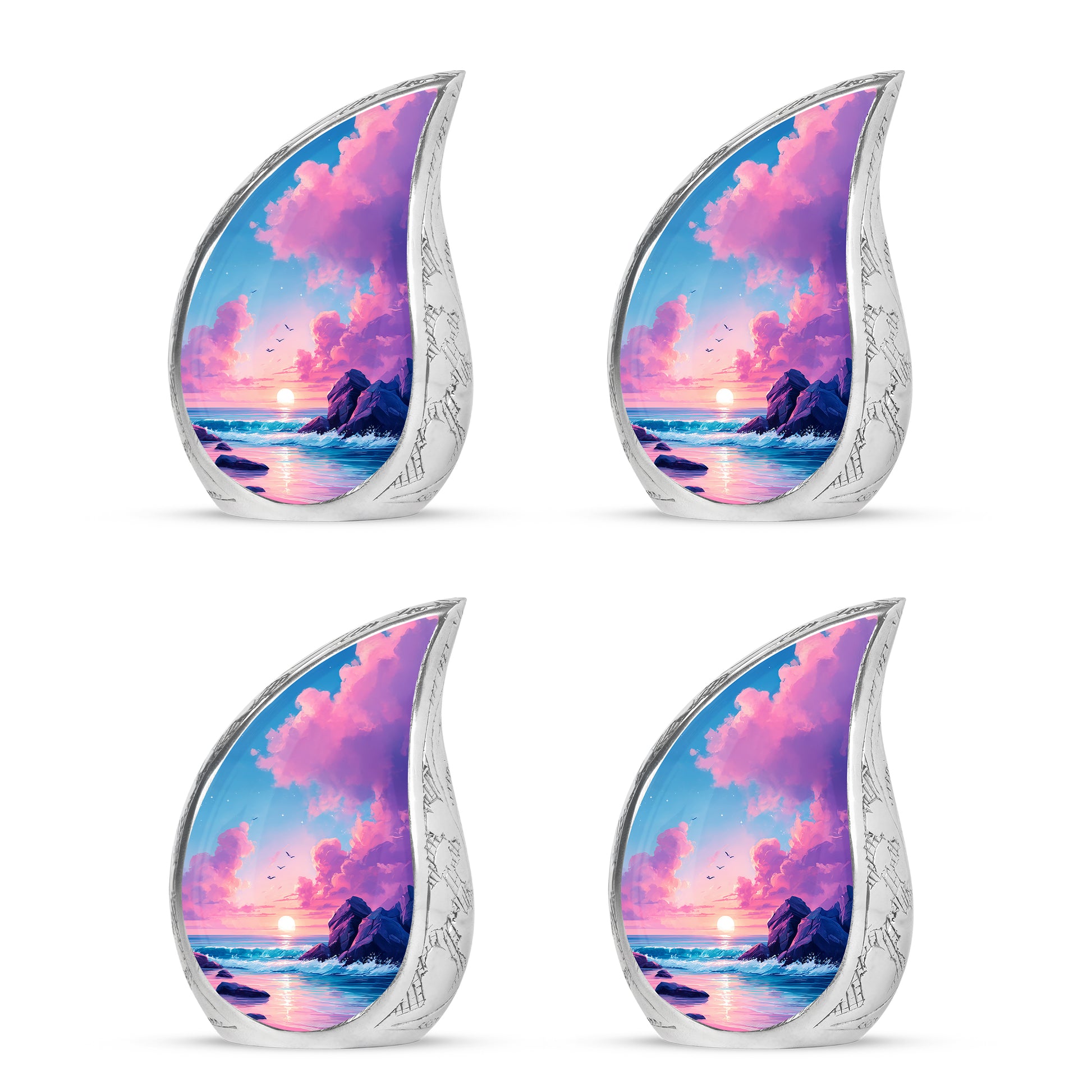 Cornflower Blue Beach Cremation Urn close-up of engraving and surface detail - smooth teardrop contour featuring beach art - 10 inch aluminum urn for cremated remains