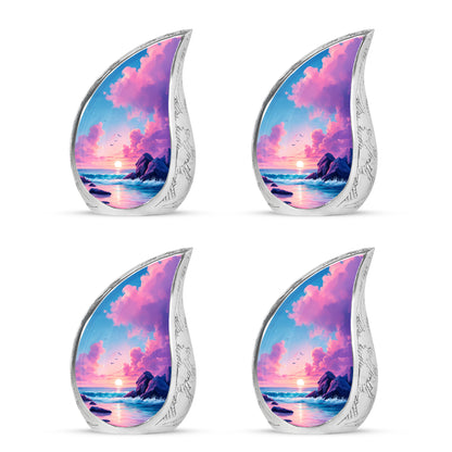 Cornflower Blue Beach Cremation Urn close-up of engraving and surface detail - smooth teardrop contour featuring beach art - 10 inch aluminum urn for cremated remains