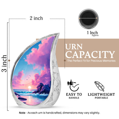 Slate Blue Beach Cremation Urn angled view of lid and engraved motif - flowing teardrop beach silhouette on curved aluminum - mini keepsake memorial for portion of cremation ashes