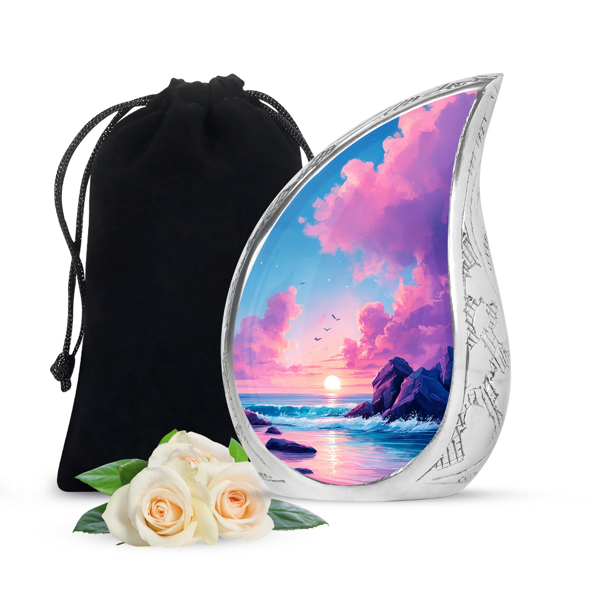 Celestial Blue Beach Cremation Urn front view showing detailed design - flowing teardrop beach silhouette on curved aluminum - full-size 10 inch 200 cubic inch adult cremation urn