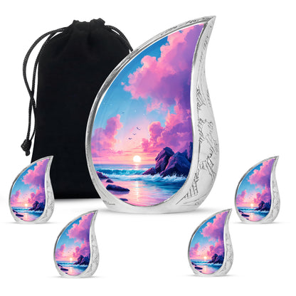 Cobalt Blue Beach Cremation Urn side profile showing urn shape - smooth teardrop contour featuring beach art - memorial set with one large and four small urns