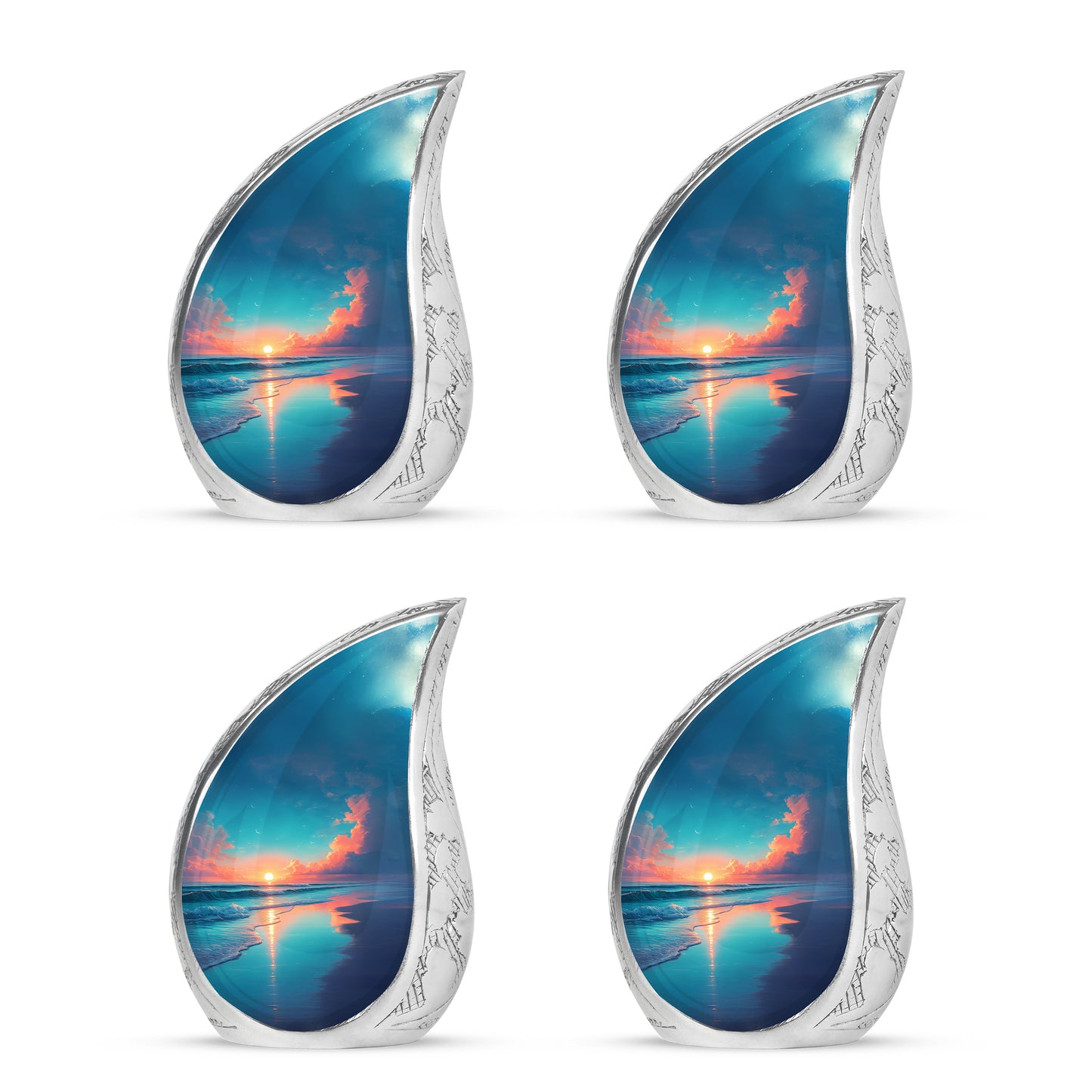 Royal Blue Beach Cremation Urn close-up of engraving and surface detail - smooth teardrop contour featuring beach art - 10 inch aluminum urn for cremated remains