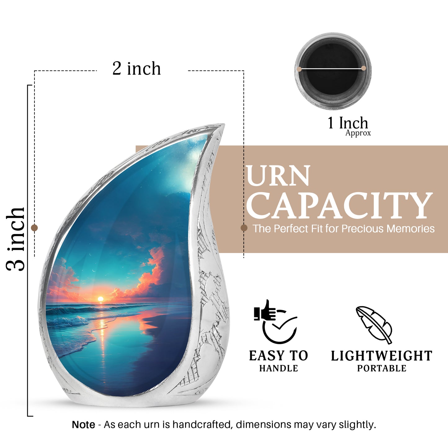 Pastel Blue Beach Cremation Urn angled view of lid and engraved motif - flowing teardrop beach silhouette on curved aluminum - mini keepsake memorial for portion of cremation ashes
