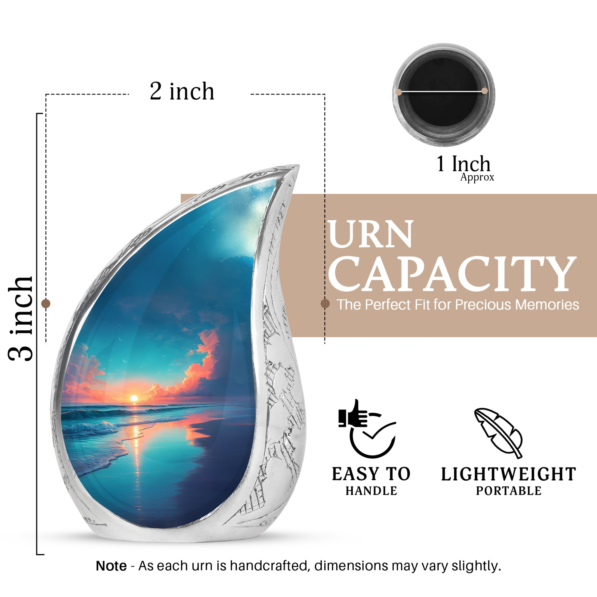 Pastel Blue Beach Cremation Urn angled view of lid and engraved motif - flowing teardrop beach silhouette on curved aluminum - mini keepsake memorial for portion of cremation ashes