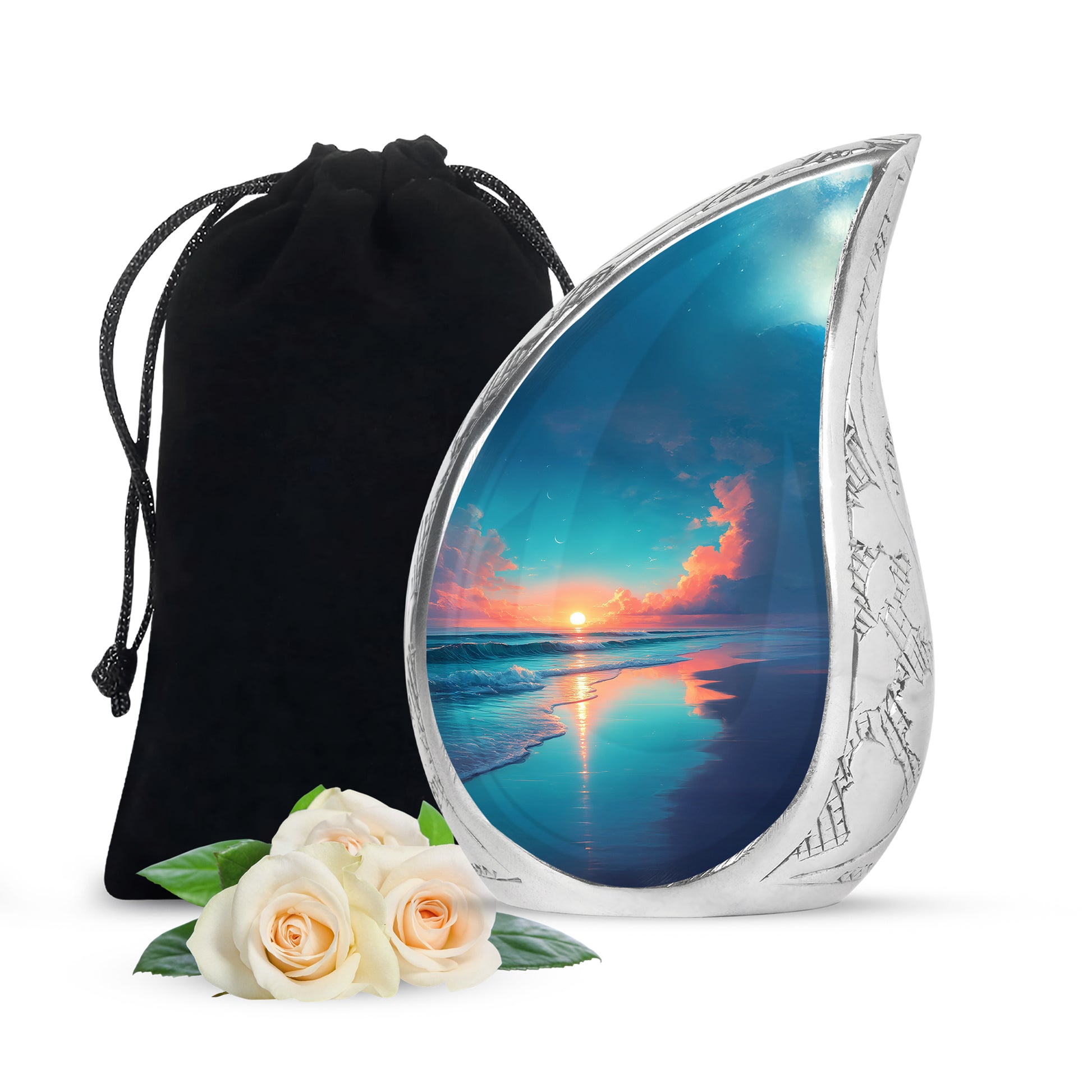 Pastel Blue Beach Cremation Urn front view showing detailed design - flowing teardrop beach silhouette on curved aluminum - full-size 10 inch 200 cubic inch adult cremation urn