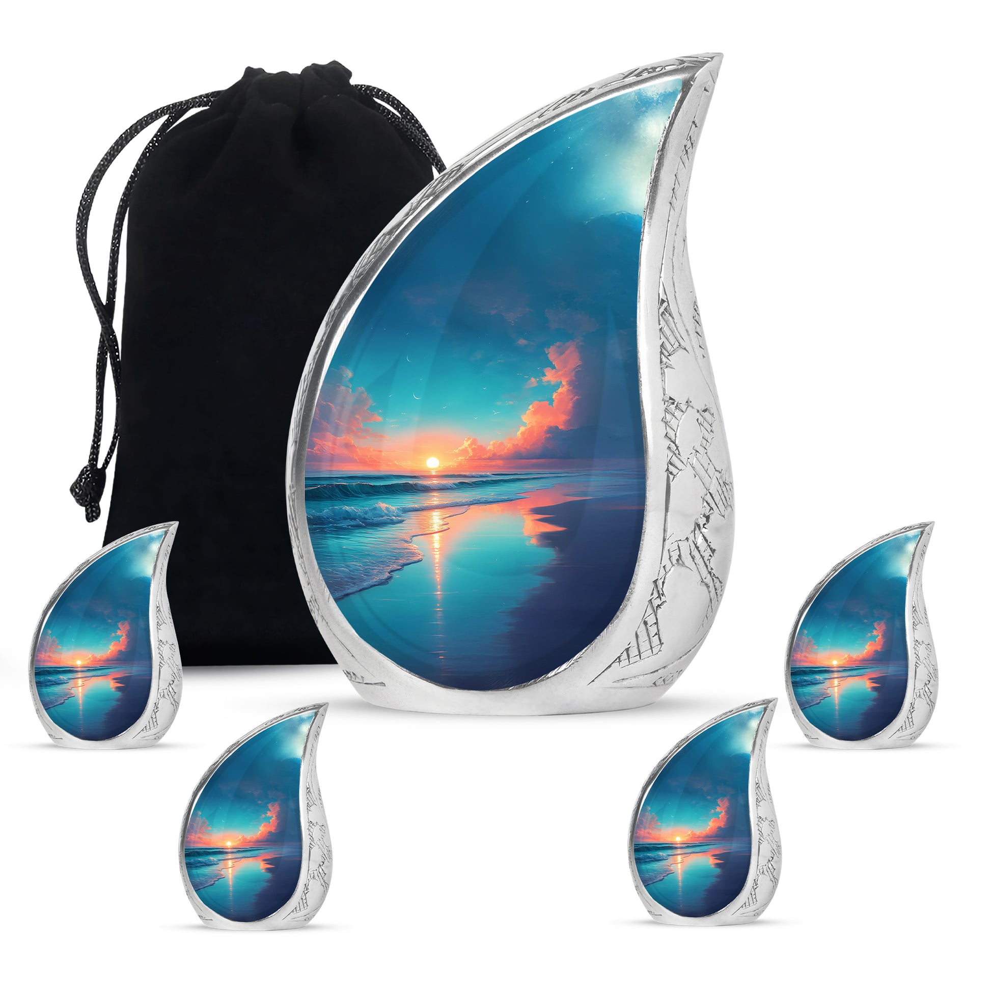 Vivid Blue Beach Cremation Urn side profile showing urn shape - smooth teardrop contour featuring beach art - memorial set with one large and four small urns