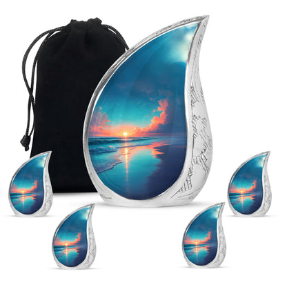 Vivid Blue Beach Cremation Urn side profile showing urn shape - smooth teardrop contour featuring beach art - memorial set with one large and four small urns