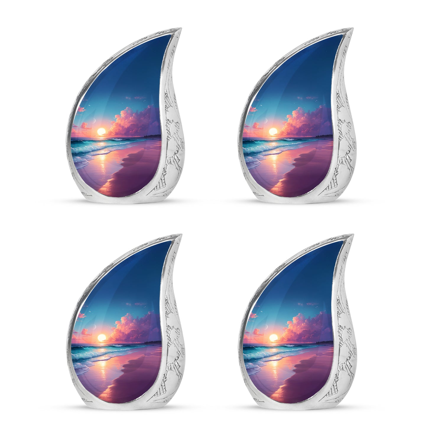 Steel Blue Beach Cremation Urn close-up of engraving and surface detail - smooth teardrop contour featuring beach art - 10 inch aluminum urn for cremated remains