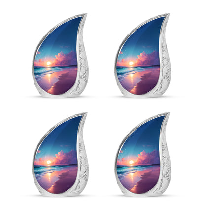 Steel Blue Beach Cremation Urn close-up of engraving and surface detail - smooth teardrop contour featuring beach art - 10 inch aluminum urn for cremated remains