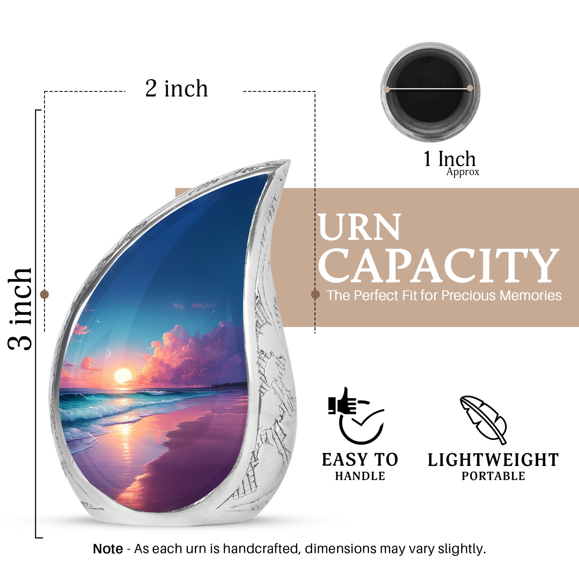 Slate Blue Beach Cremation Urn angled view of lid and engraved motif - flowing teardrop beach silhouette on curved aluminum - mini keepsake memorial for portion of cremation ashes