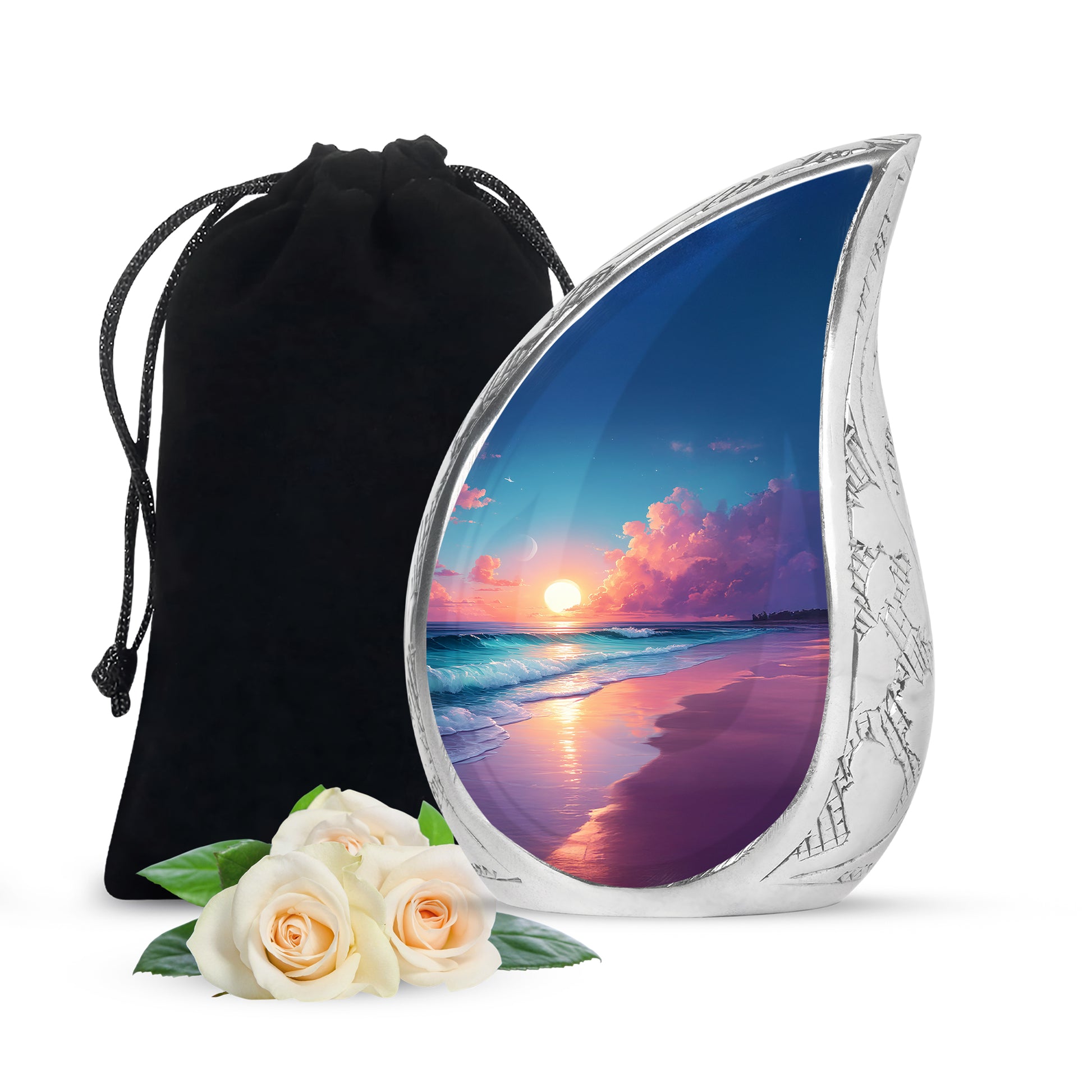 Indigo Beach Cremation Urn front view showing detailed design - flowing teardrop beach silhouette on curved aluminum - full-size 10 inch 200 cubic inch adult cremation urn