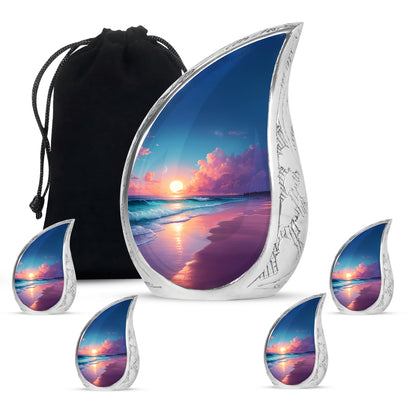 Misty Blue Beach Cremation Urn side profile showing urn shape - flowing teardrop beach silhouette on curved aluminum - memorial set with one large and four small urns