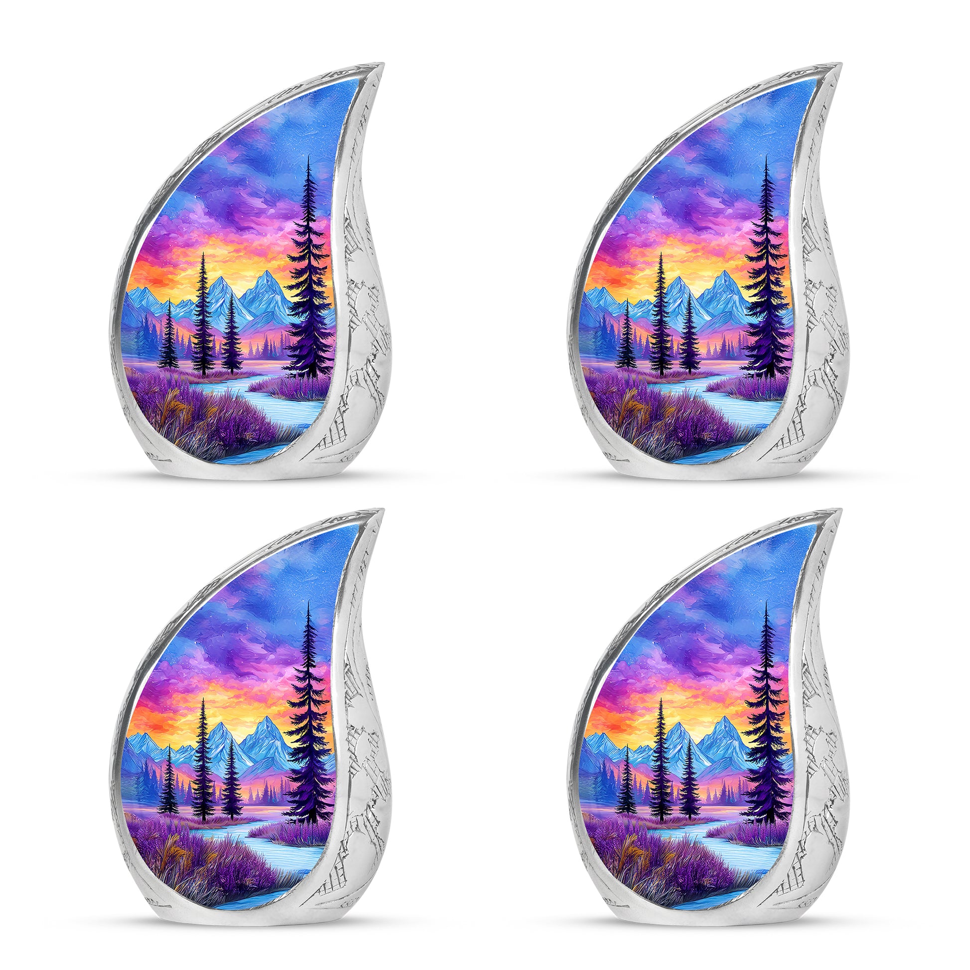 Twilight Blue Beach Cremation Urn close-up of engraving and surface detail - graceful tear-shaped urn with beach motif - 10 inch aluminum urn for cremated remains