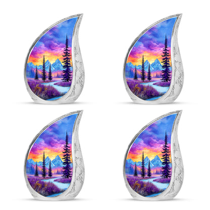 Twilight Blue Beach Cremation Urn close-up of engraving and surface detail - graceful tear-shaped urn with beach motif - 10 inch aluminum urn for cremated remains