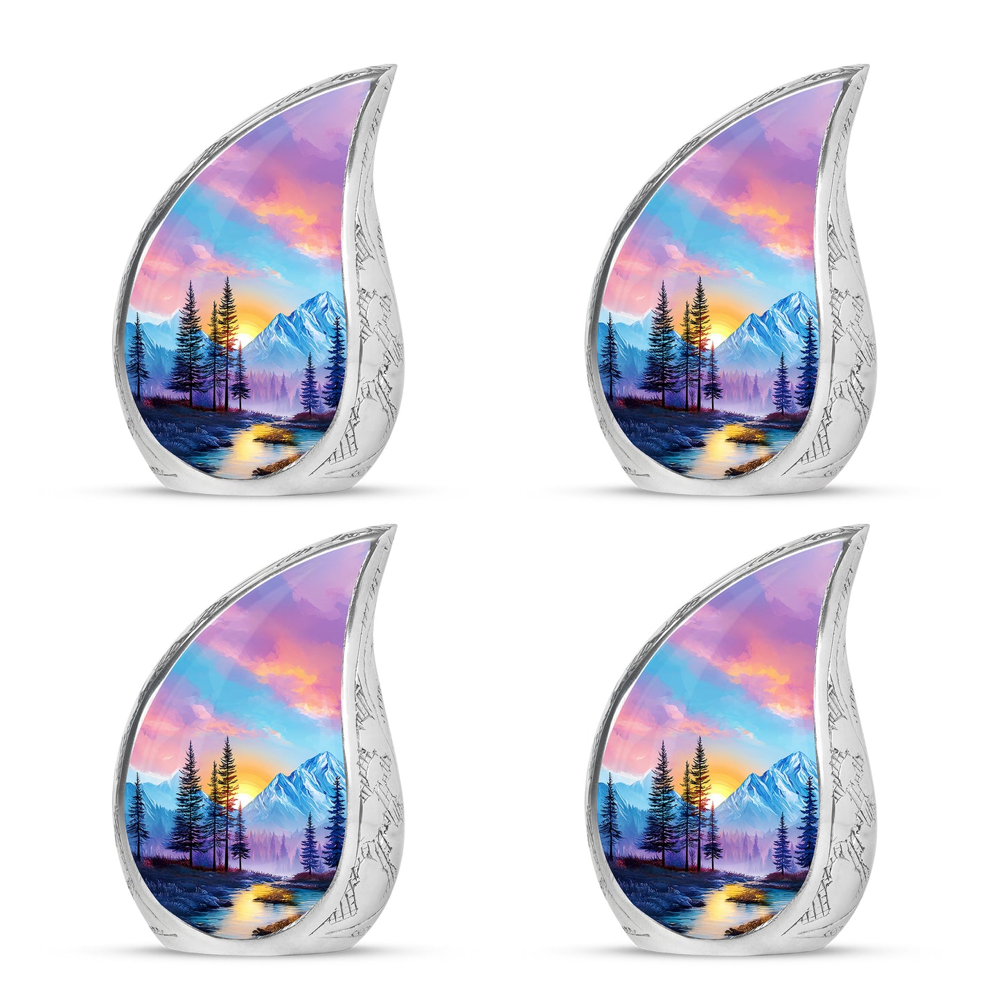 Royal Blue Beach Cremation Urn close-up of engraving and surface detail - graceful tear-shaped urn with beach motif - 10 inch aluminum urn for cremated remains