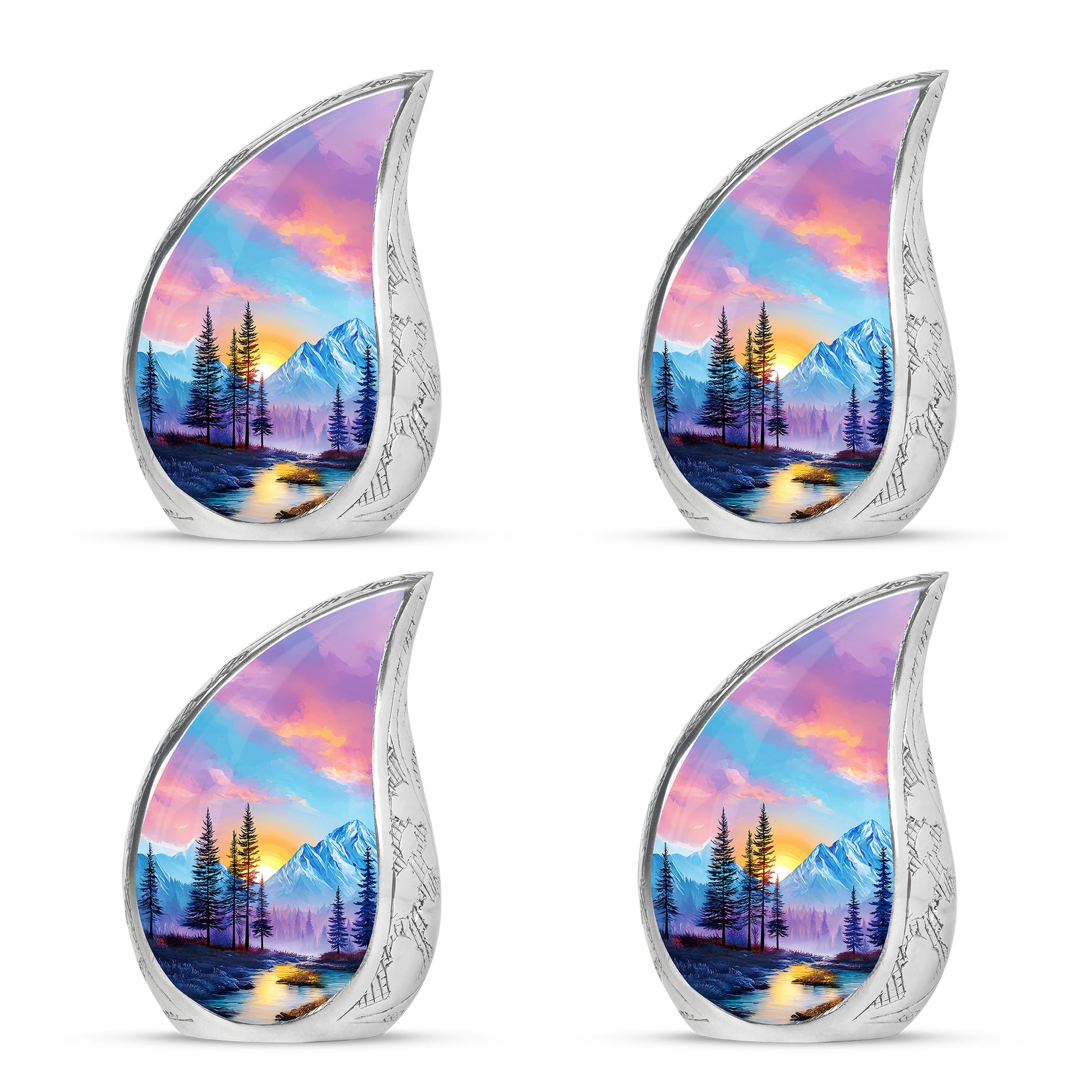Royal Blue Beach Cremation Urn close-up of engraving and surface detail - graceful tear-shaped urn with beach motif - 10 inch aluminum urn for cremated remains