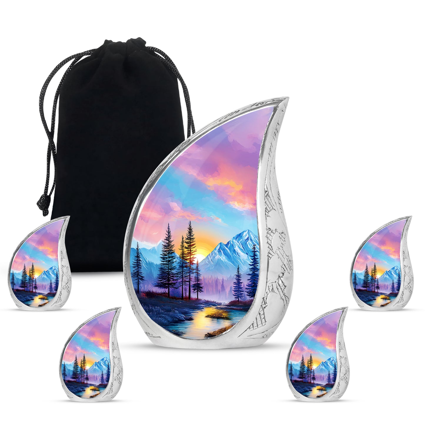 Sapphire Blue Beach Cremation Urn side profile showing urn shape - smooth teardrop contour featuring beach art - memorial set with one large and four small urns