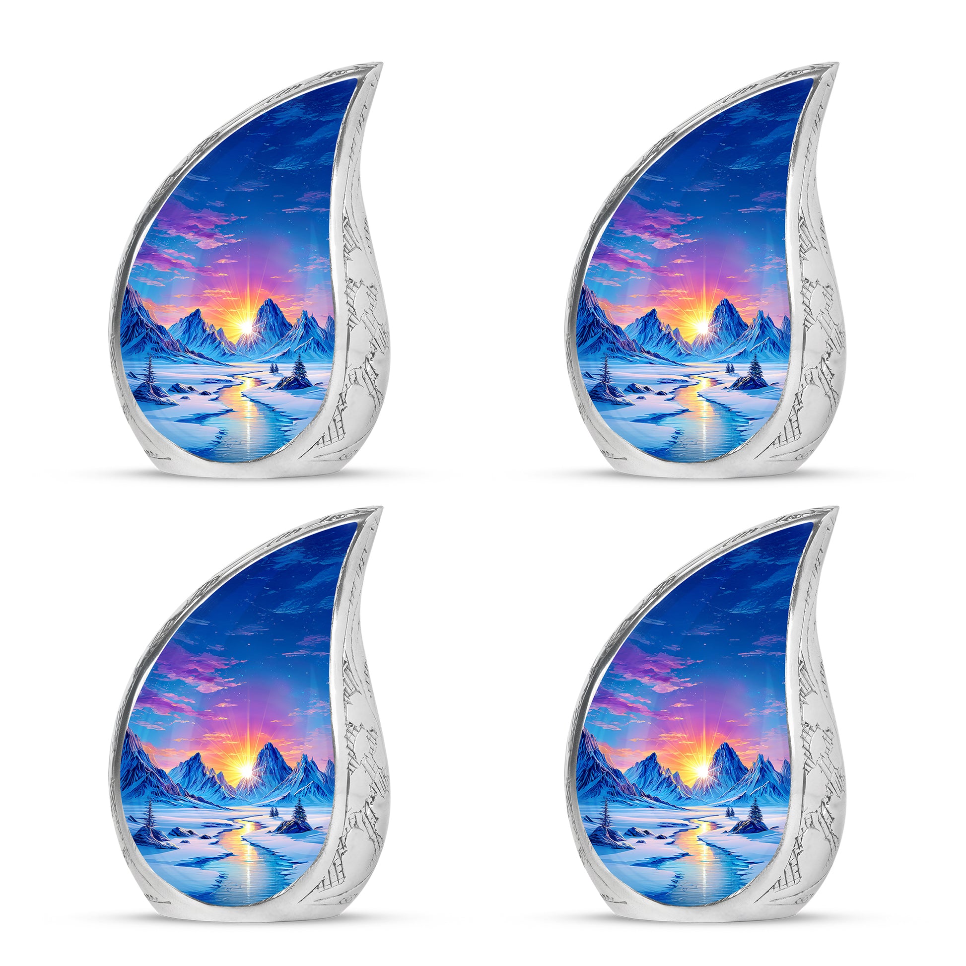 Steel Blue Beach Cremation Urn close-up of engraving and surface detail - smooth teardrop contour featuring beach art - 10 inch aluminum urn for cremated remains