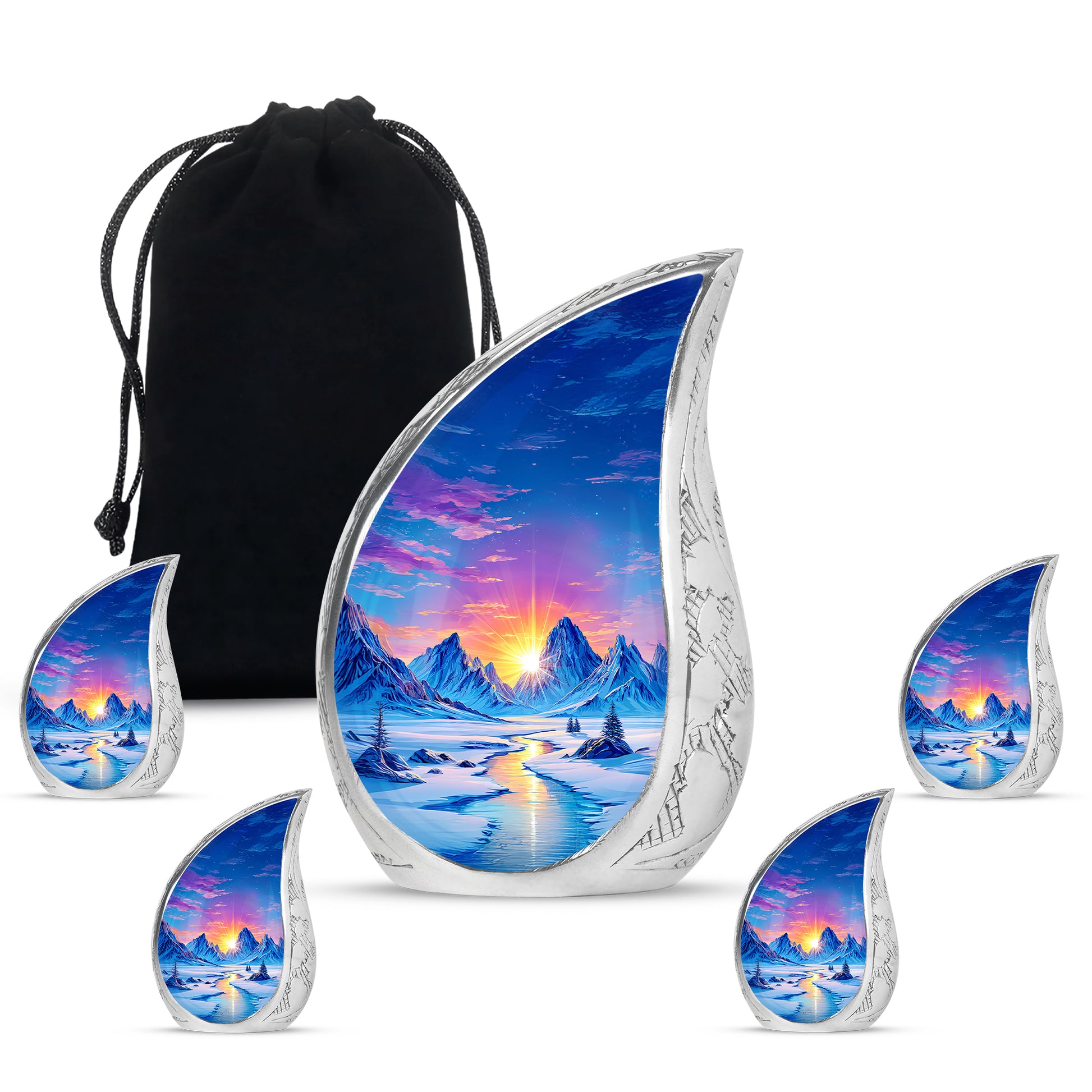 Vivid Blue Beach Cremation Urn side profile showing urn shape - graceful tear-shaped urn with beach motif - memorial set with one large and four small urns