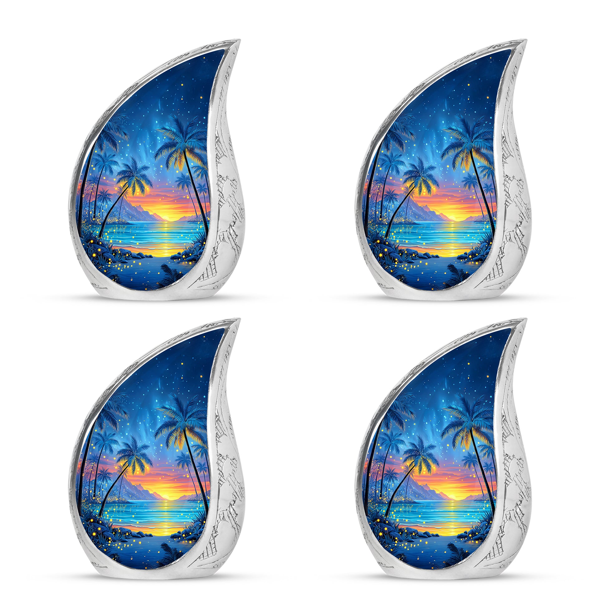 Soft Blue Beach Cremation Urn close-up of engraving and surface detail - smooth teardrop contour featuring beach art - 10 inch aluminum urn for cremated remains