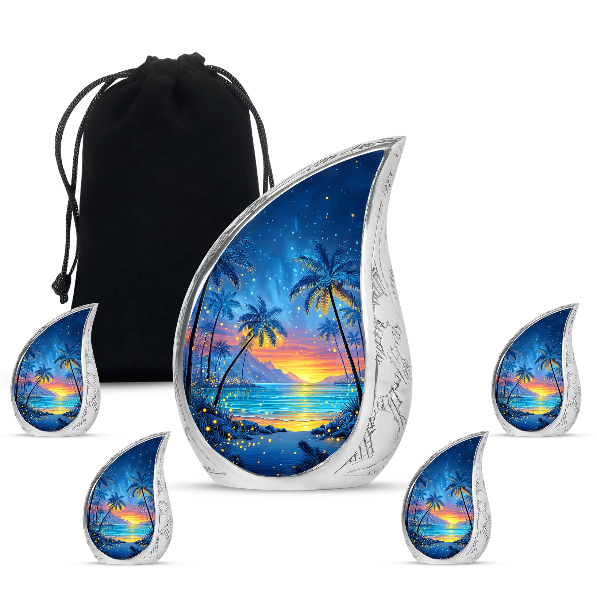 Steel Blue Beach Cremation Urn side profile showing urn shape - smooth teardrop contour featuring beach art - memorial set with one large and four small urns
