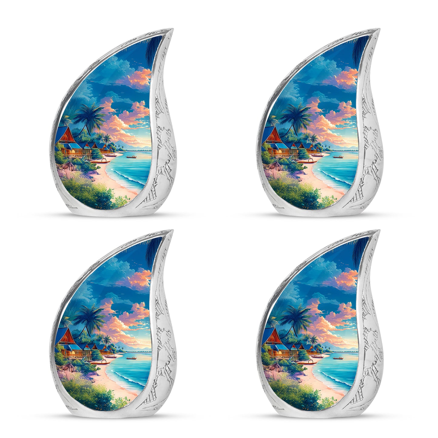 Cornflower Blue Beach Cremation Urn close-up of engraving and surface detail - smooth teardrop contour featuring beach art - 10 inch aluminum urn for cremated remains