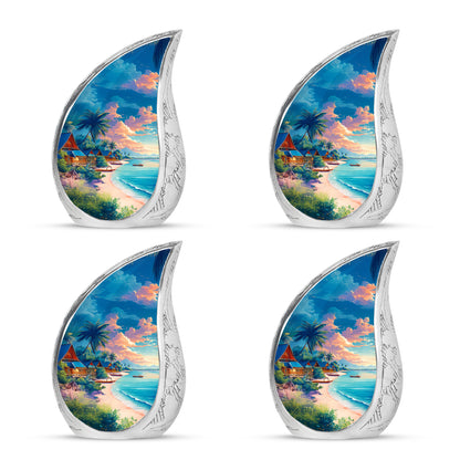 Cornflower Blue Beach Cremation Urn close-up of engraving and surface detail - smooth teardrop contour featuring beach art - 10 inch aluminum urn for cremated remains