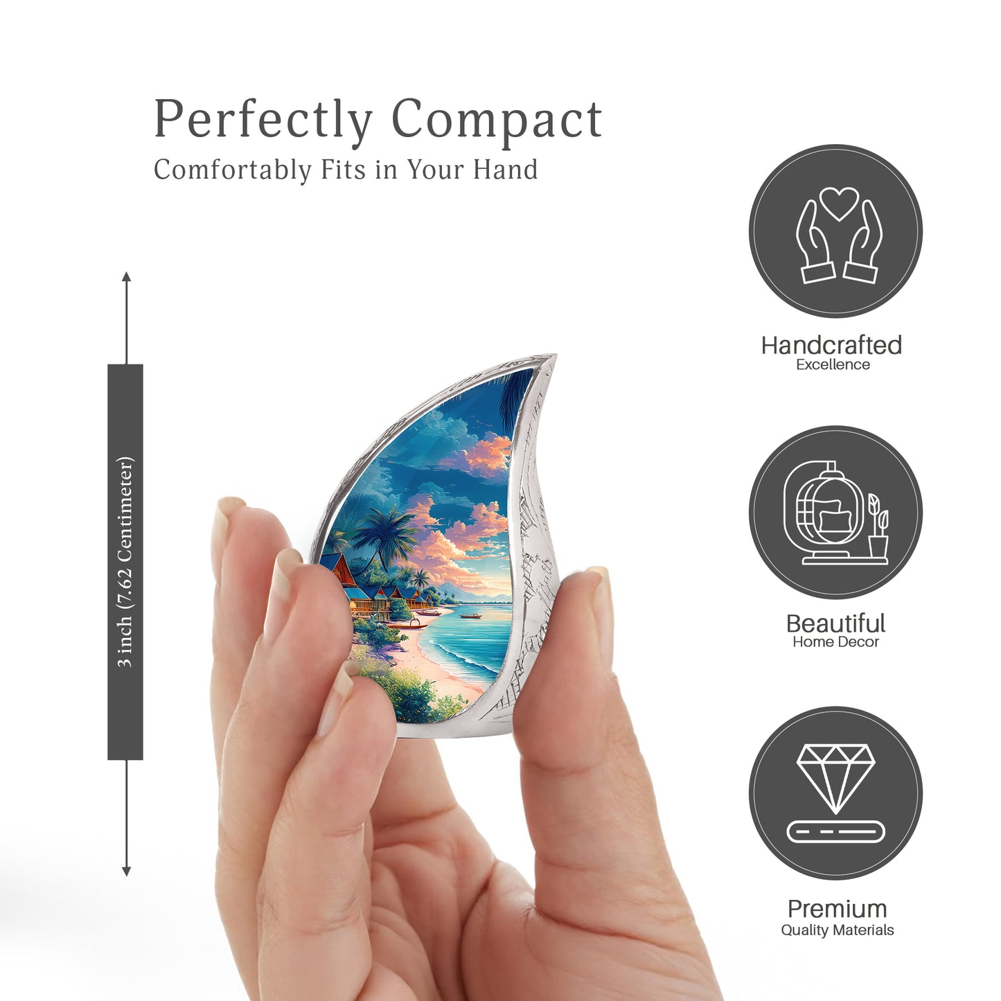 Sapphire Blue Beach Cremation Urn angled view of lid and engraved motif - smooth teardrop contour featuring beach art - mini keepsake memorial for portion of cremation ashes