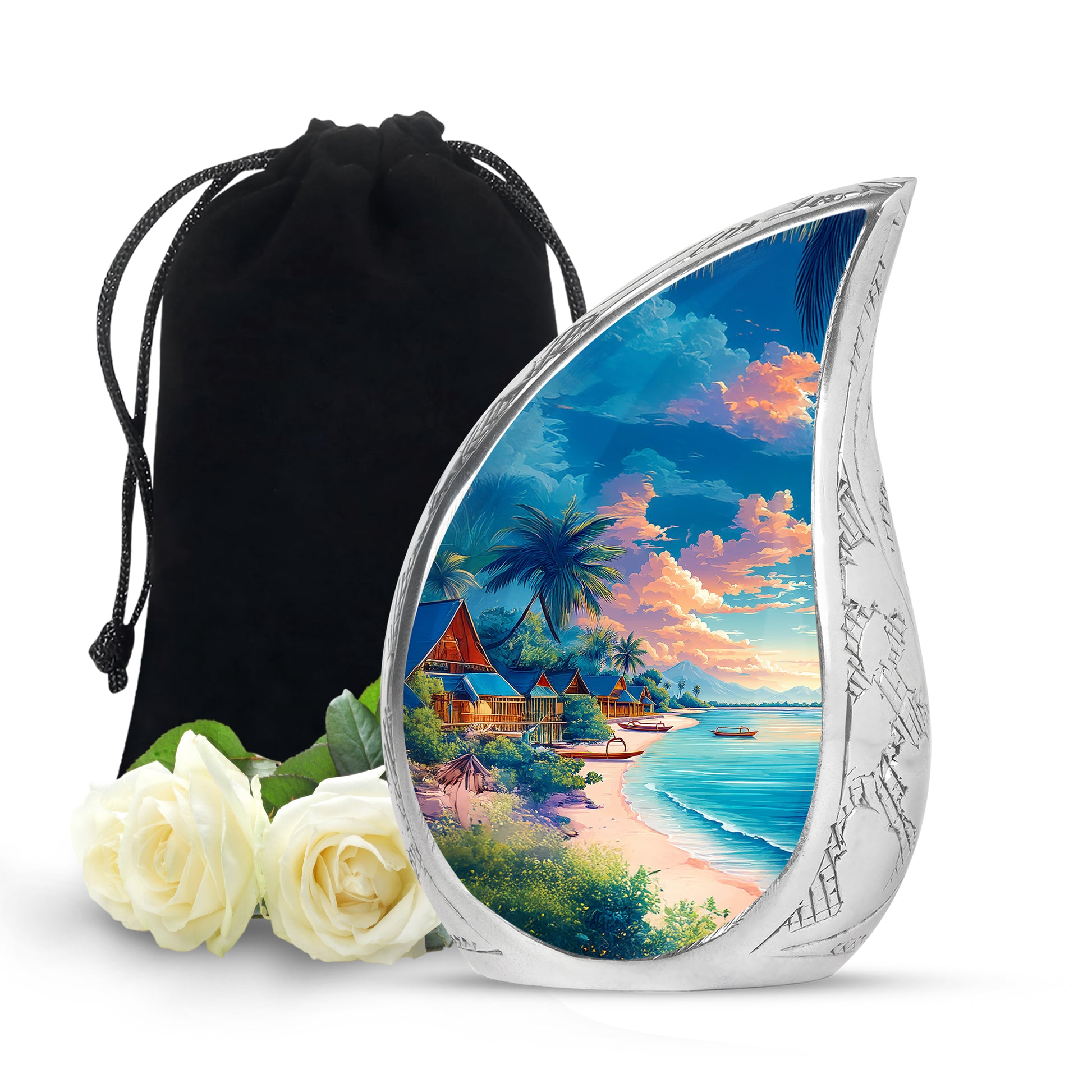 Misty Blue Beach Cremation Urn front view showing detailed design - rounded teardrop beach design with delicate detail - full-size 10 inch 200 cubic inch adult cremation urn