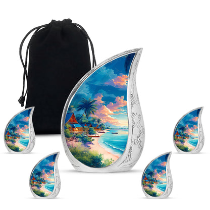 Indigo Beach Cremation Urn side profile showing urn shape - flowing teardrop beach silhouette on curved aluminum - memorial set with one large and four small urns