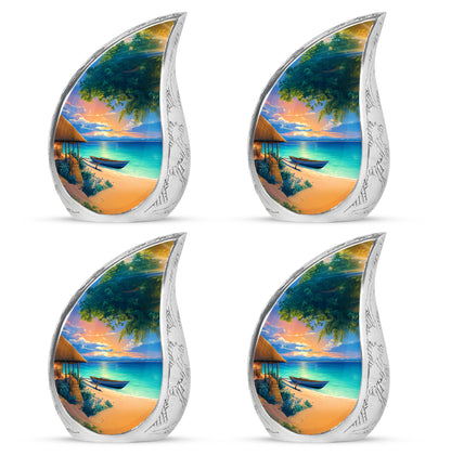 Cobalt Blue Beach Cremation Urn close-up of engraving and surface detail - graceful tear-shaped urn with beach motif - 10 inch aluminum urn for cremated remains