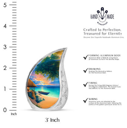 Cornflower Blue Beach Cremation Urn angled view of lid and engraved motif - graceful tear-shaped urn with beach motif - mini keepsake memorial for portion of cremation ashes