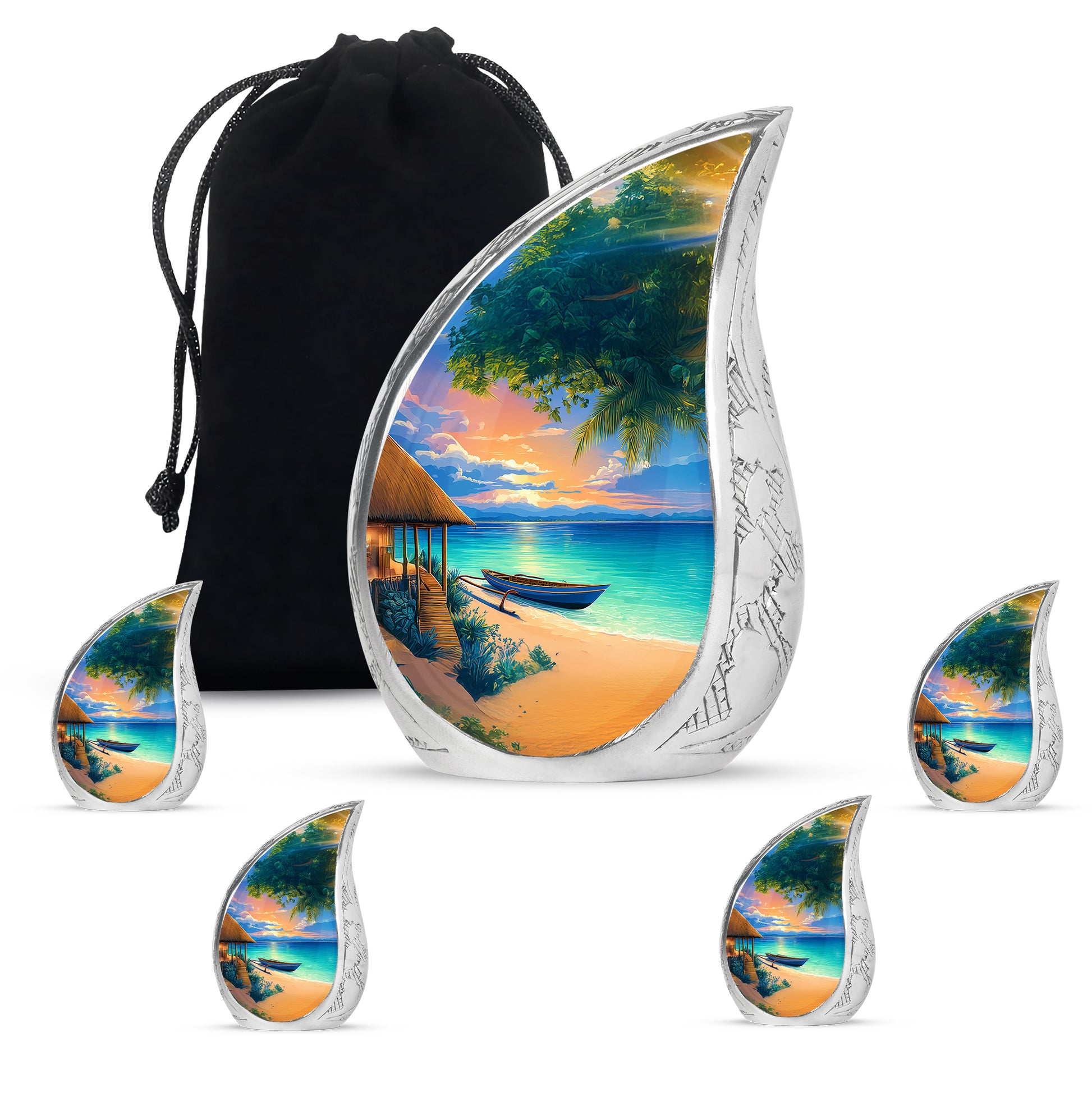 Vivid Blue Beach Cremation Urn side profile showing urn shape - smooth teardrop contour featuring beach art - memorial set with one large and four small urns