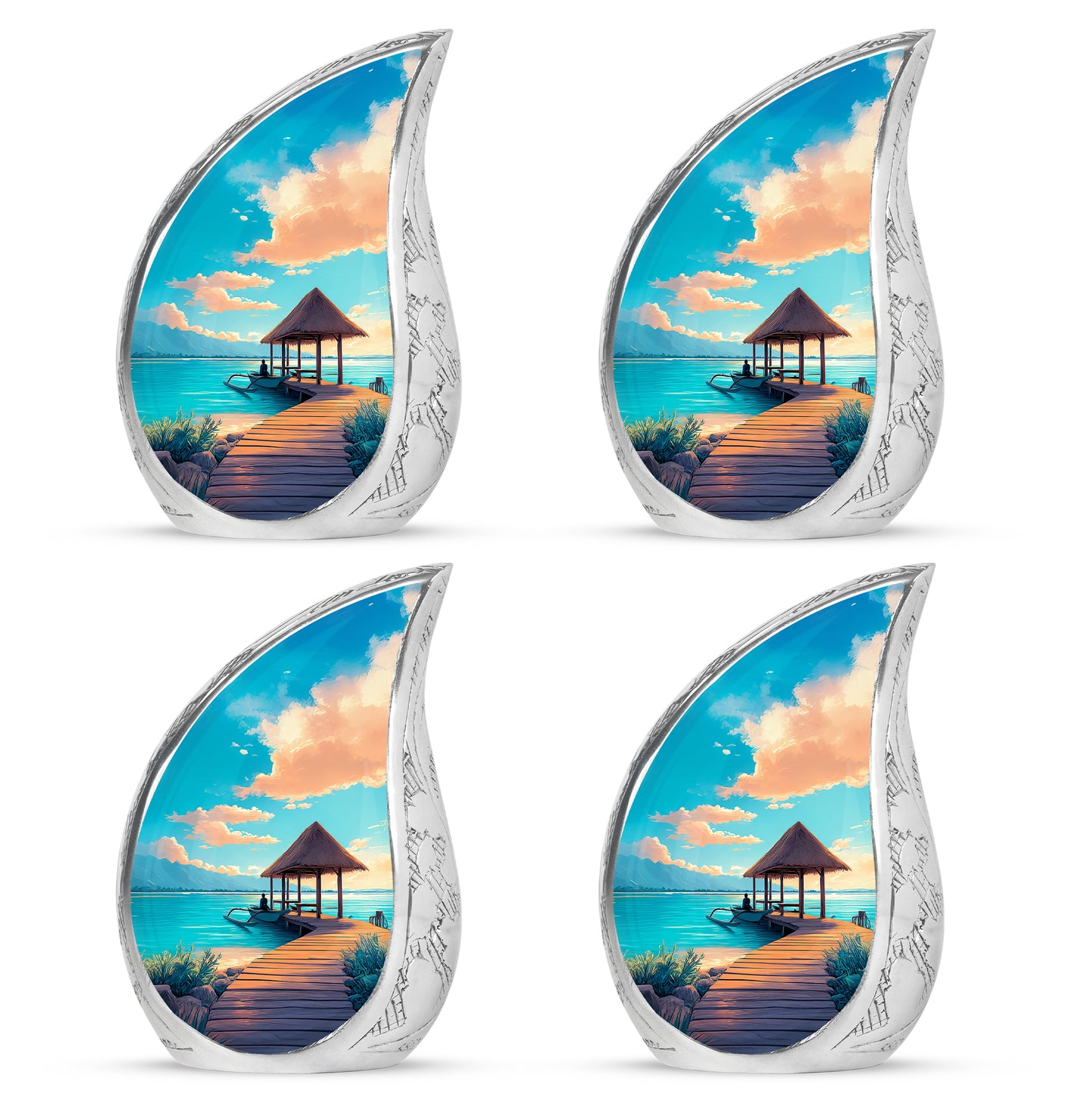 Aqua Teal Beach Cremation Urn close-up of engraving and surface detail - smooth teardrop contour featuring beach art - 10 inch aluminum urn for cremated remains