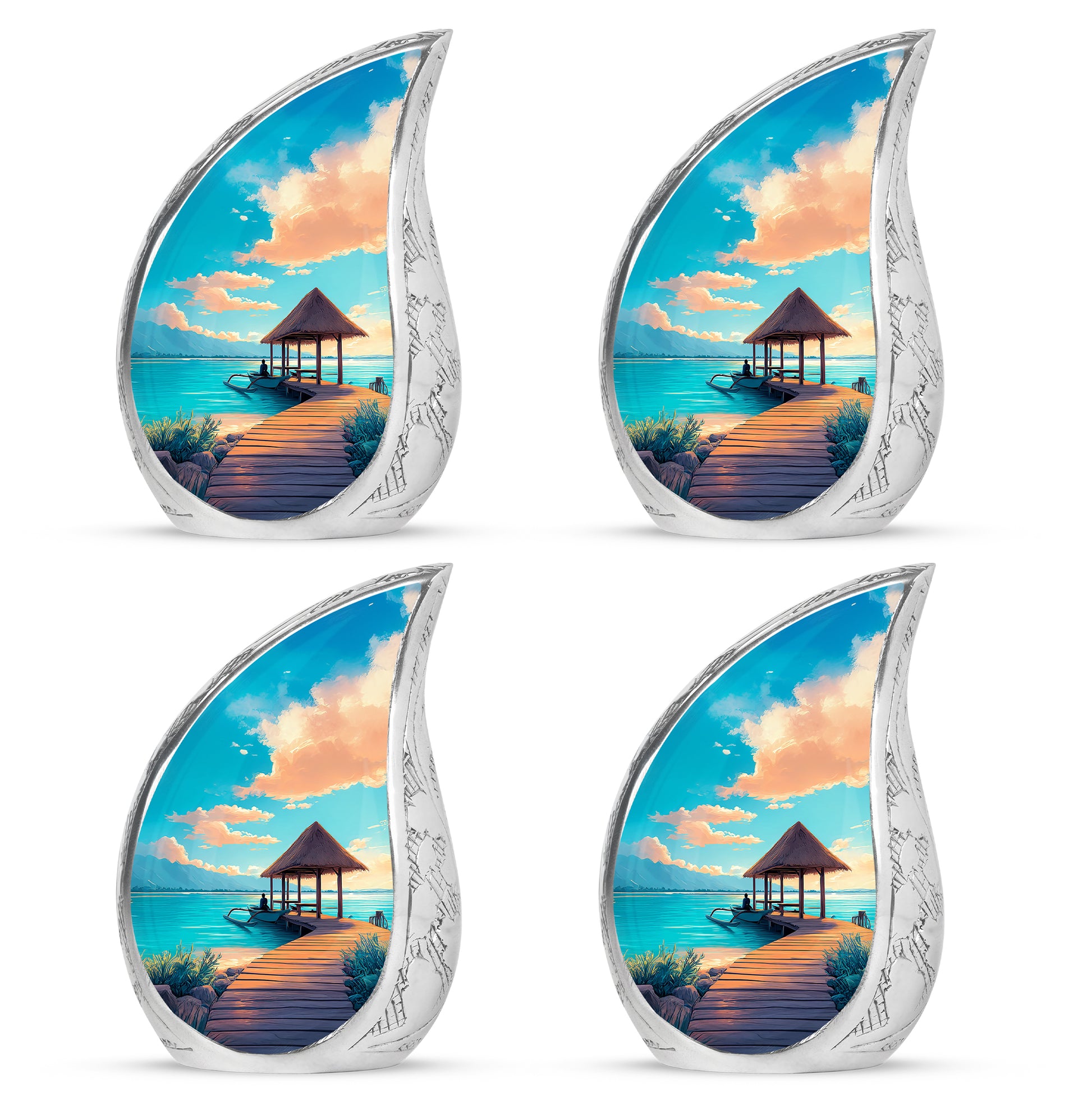 Aqua Teal Beach Cremation Urn close-up of engraving and surface detail - smooth teardrop contour featuring beach art - 10 inch aluminum urn for cremated remains