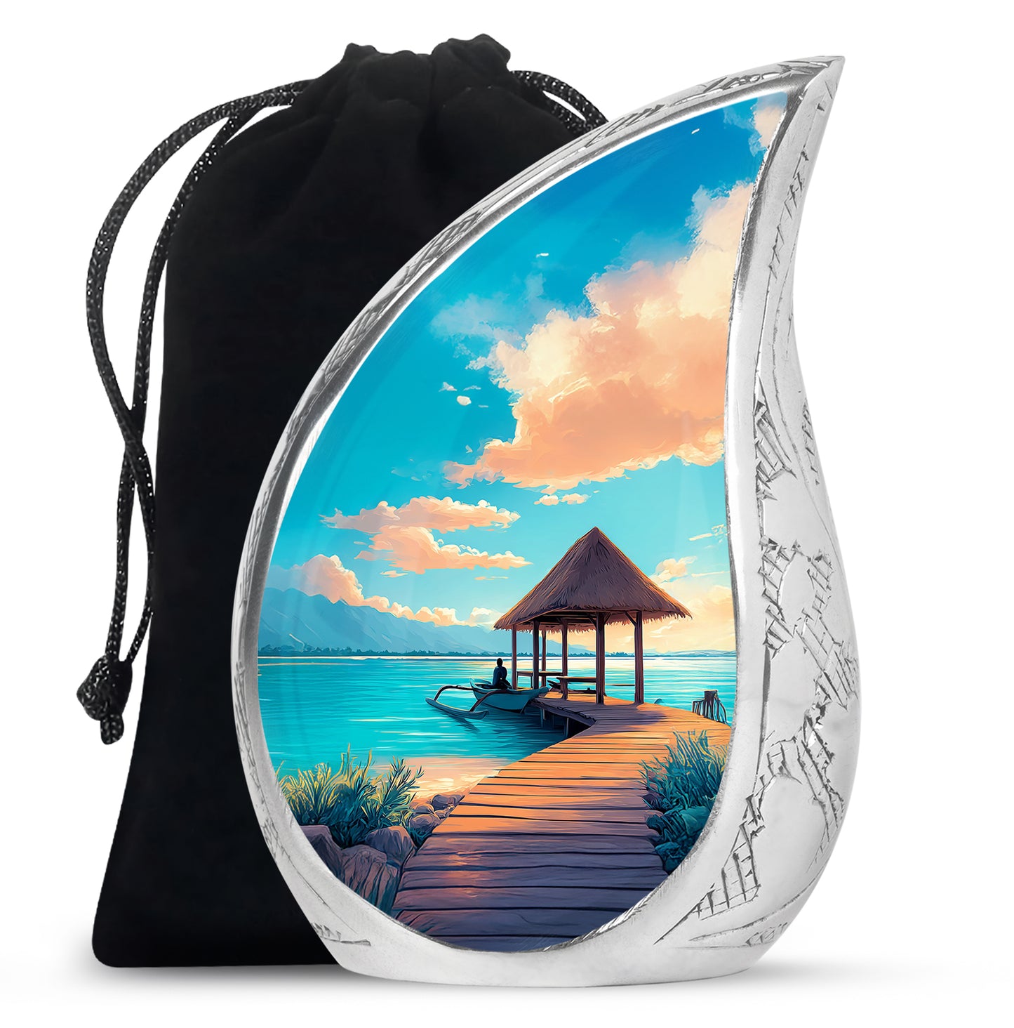 Deep Teal Beach Cremation Urn front view showing detailed design - smooth teardrop contour featuring beach art - full-size 10 inch 200 cubic inch adult cremation urn