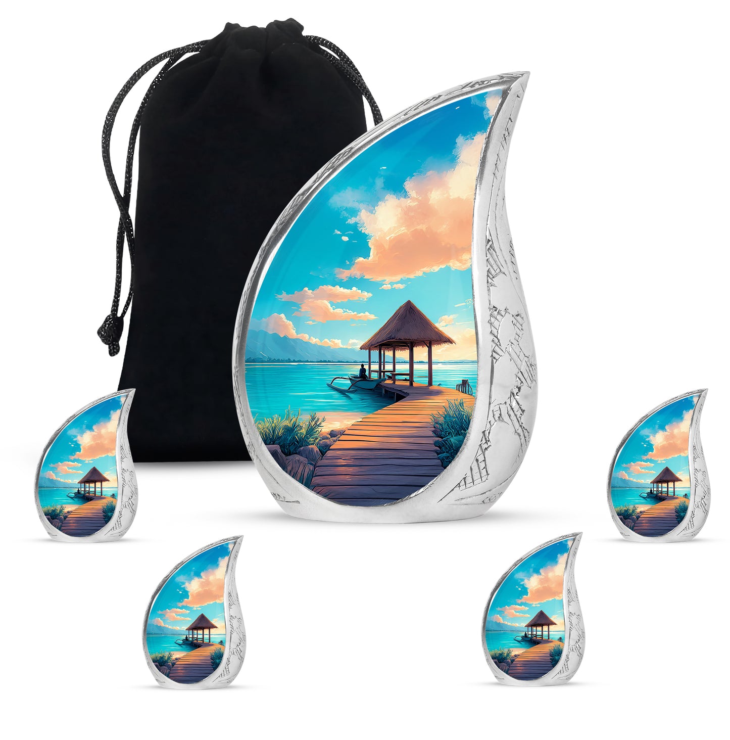Soft Teal Beach Cremation Urn side profile showing urn shape - rounded teardrop beach design with delicate detail - memorial set with one large and four small urns