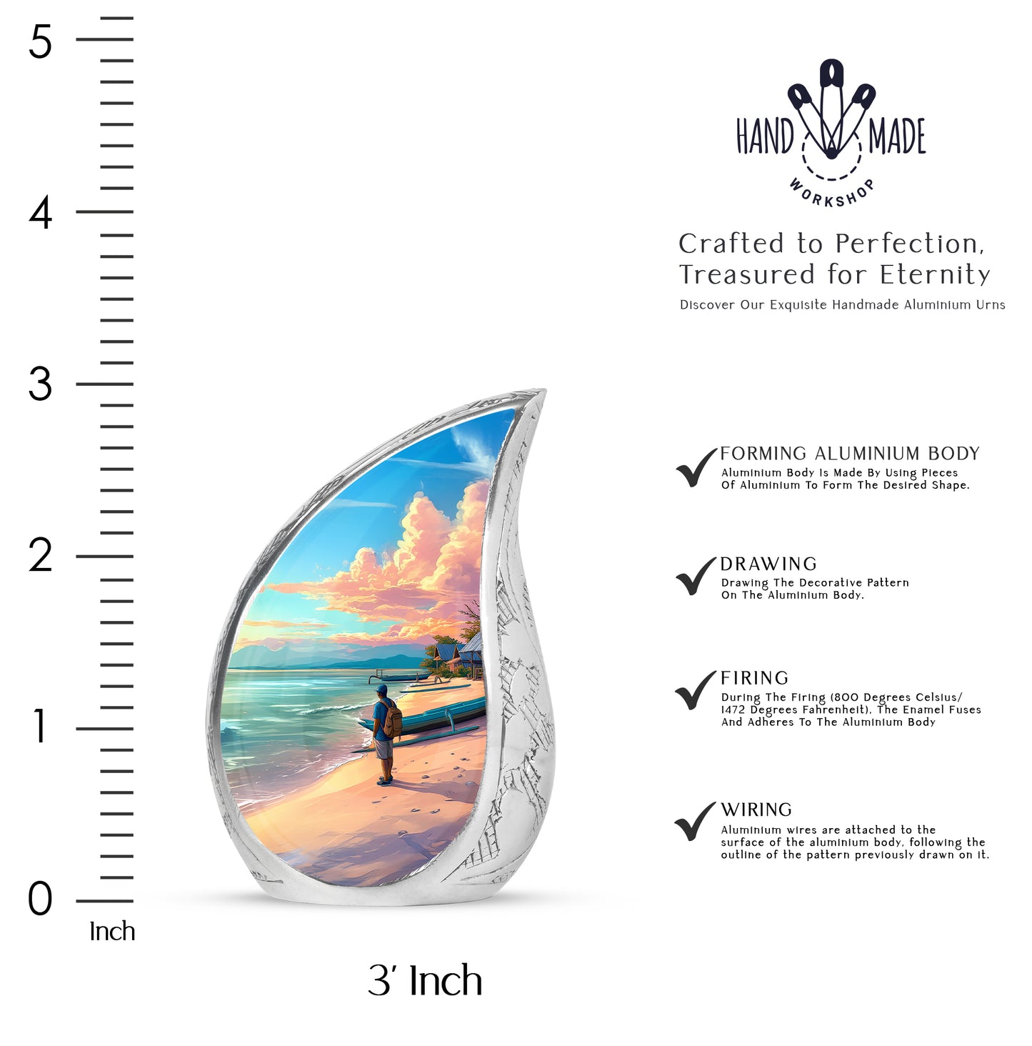 Vivid Teal Beach Cremation Urn angled view of lid and engraved motif - graceful tear-shaped urn with beach motif - mini keepsake memorial for portion of cremation ashes