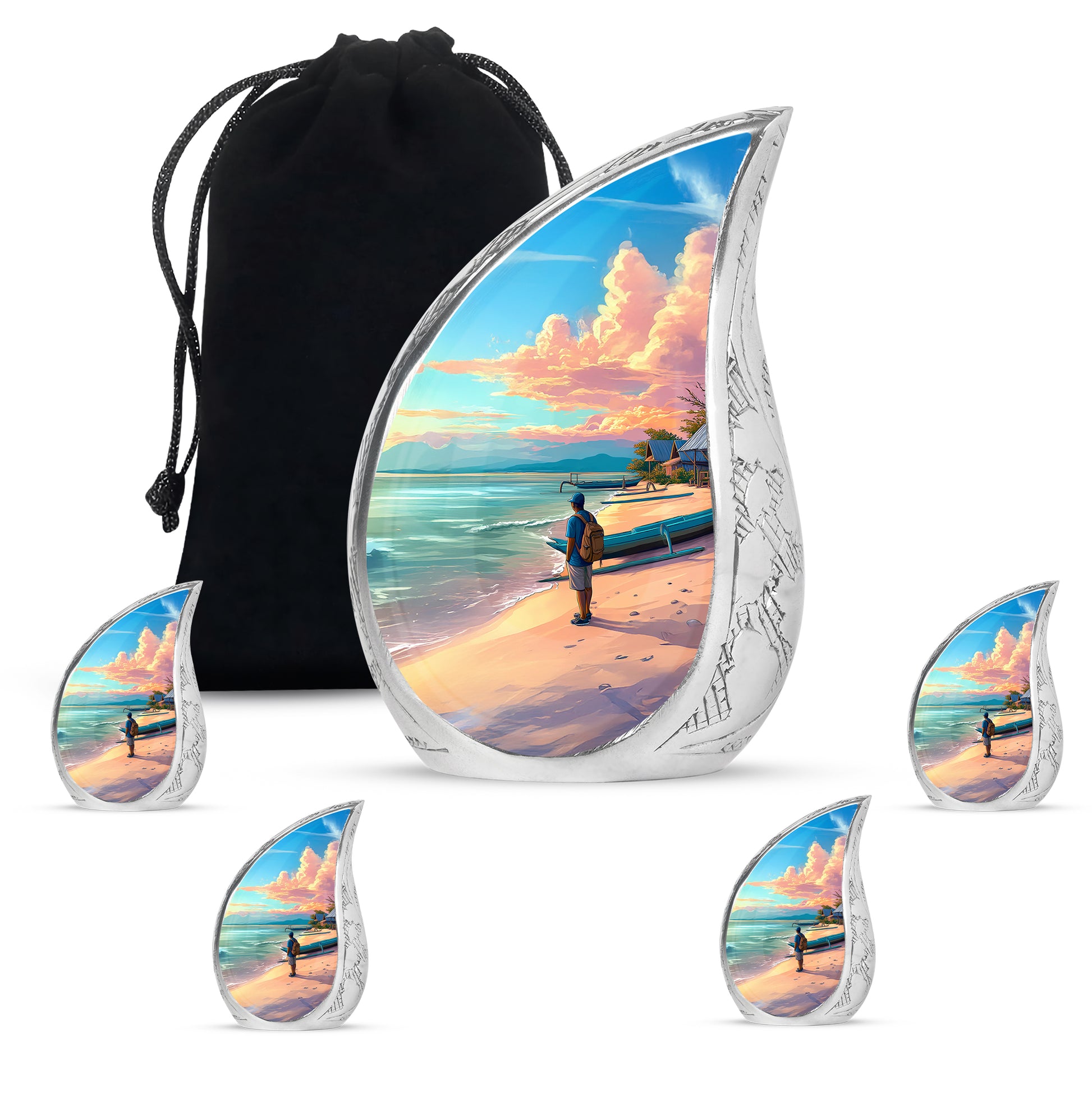 Cool Teal Beach Cremation Urn side profile showing urn shape - flowing teardrop beach silhouette on curved aluminum - memorial set with one large and four small urns