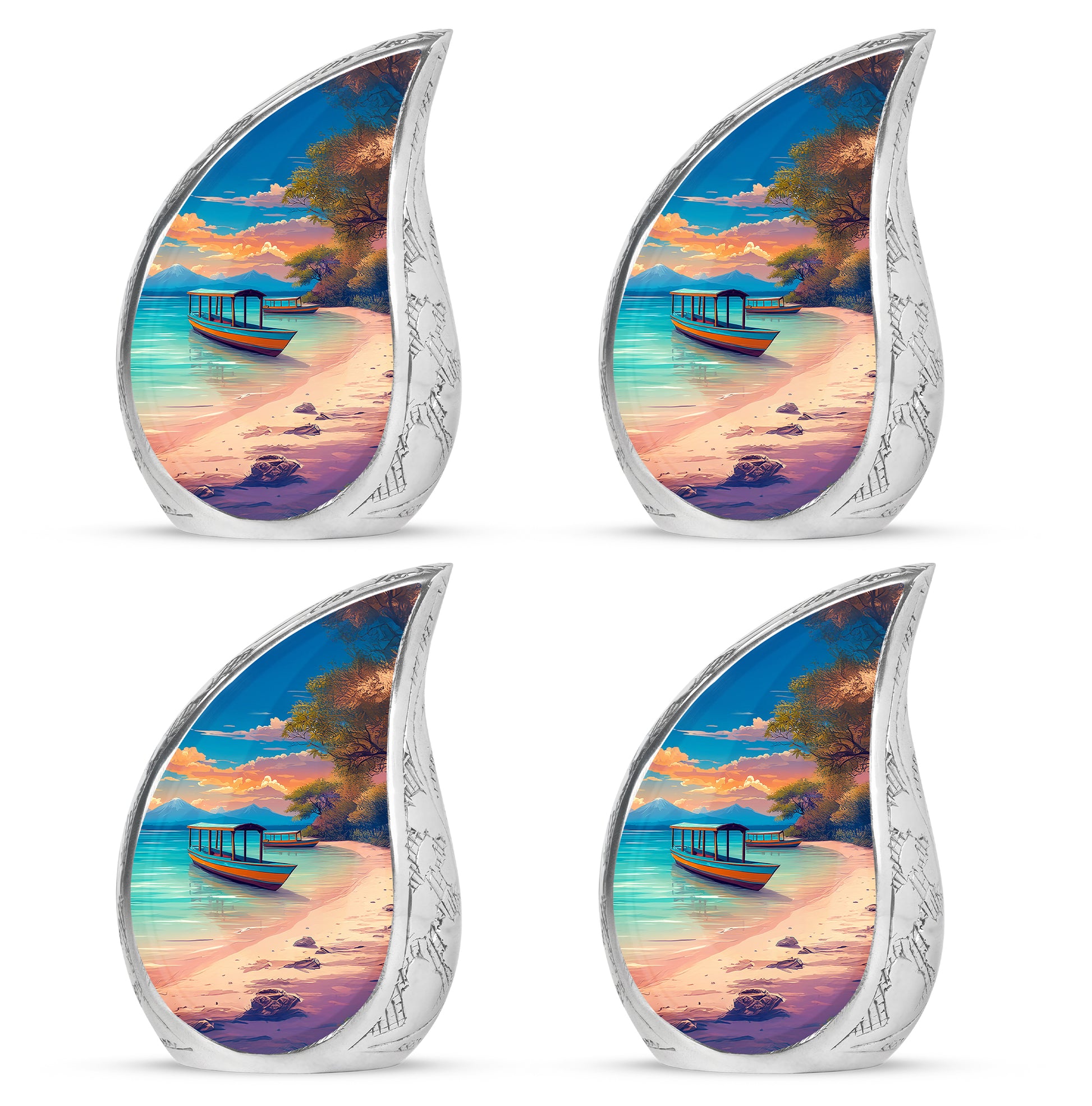 Bright Blue Beach Cremation Urn close-up of engraving and surface detail - graceful tear-shaped urn with beach motif - 10 inch aluminum urn for cremated remains