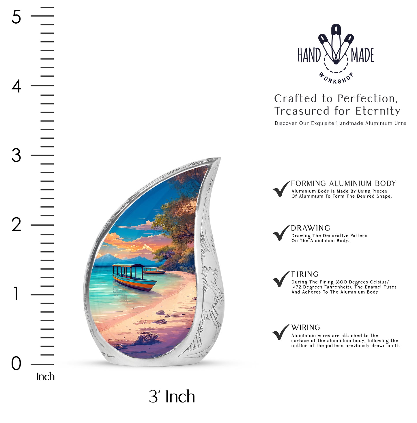 Navy Blue Beach Cremation Urn angled view of lid and engraved motif - flowing teardrop beach silhouette on curved aluminum - mini keepsake memorial for portion of cremation ashes
