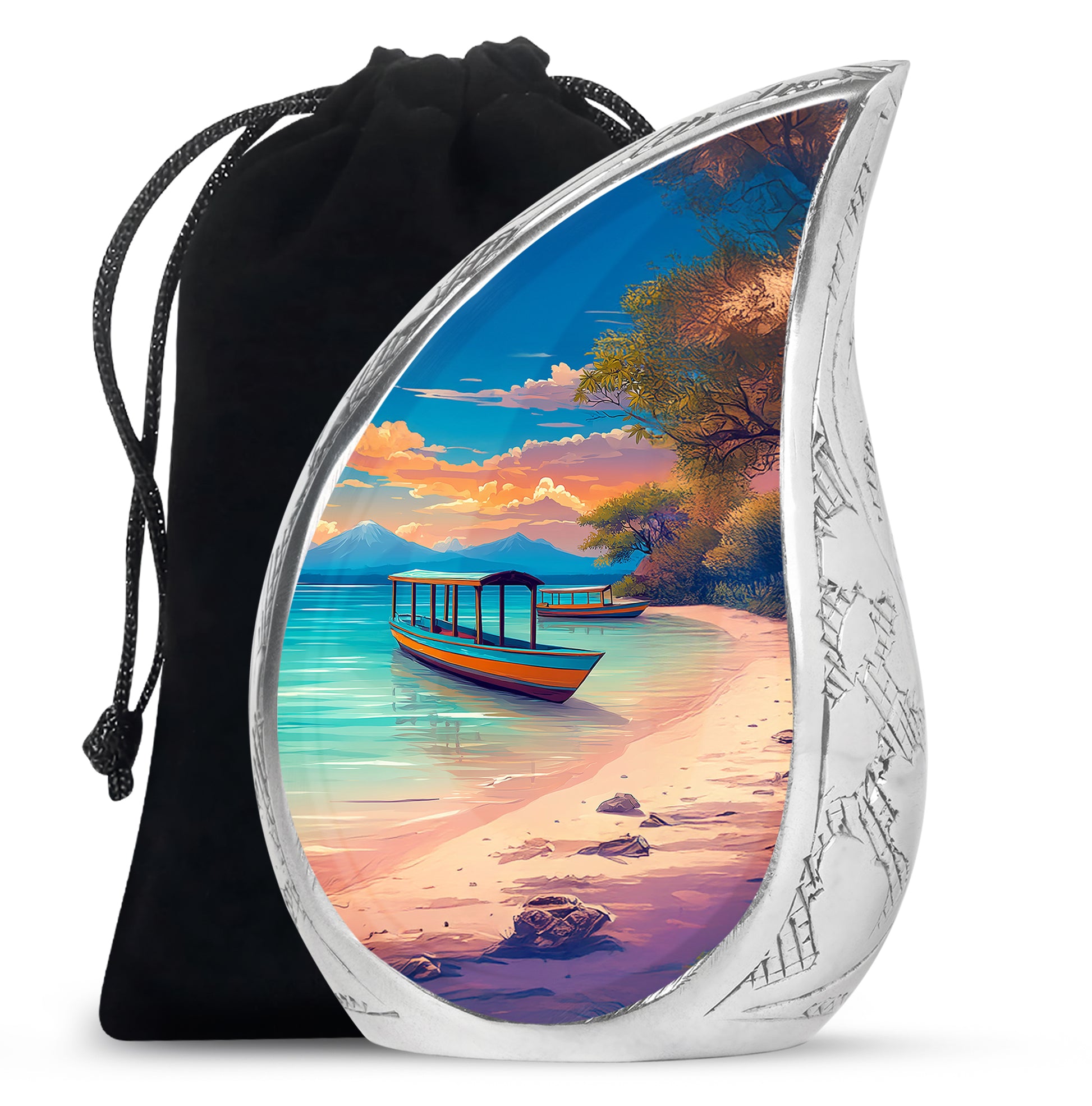 Sky Blue Beach Cremation Urn front view showing detailed design - rounded teardrop beach design with delicate detail - full-size 10 inch 200 cubic inch adult cremation urn