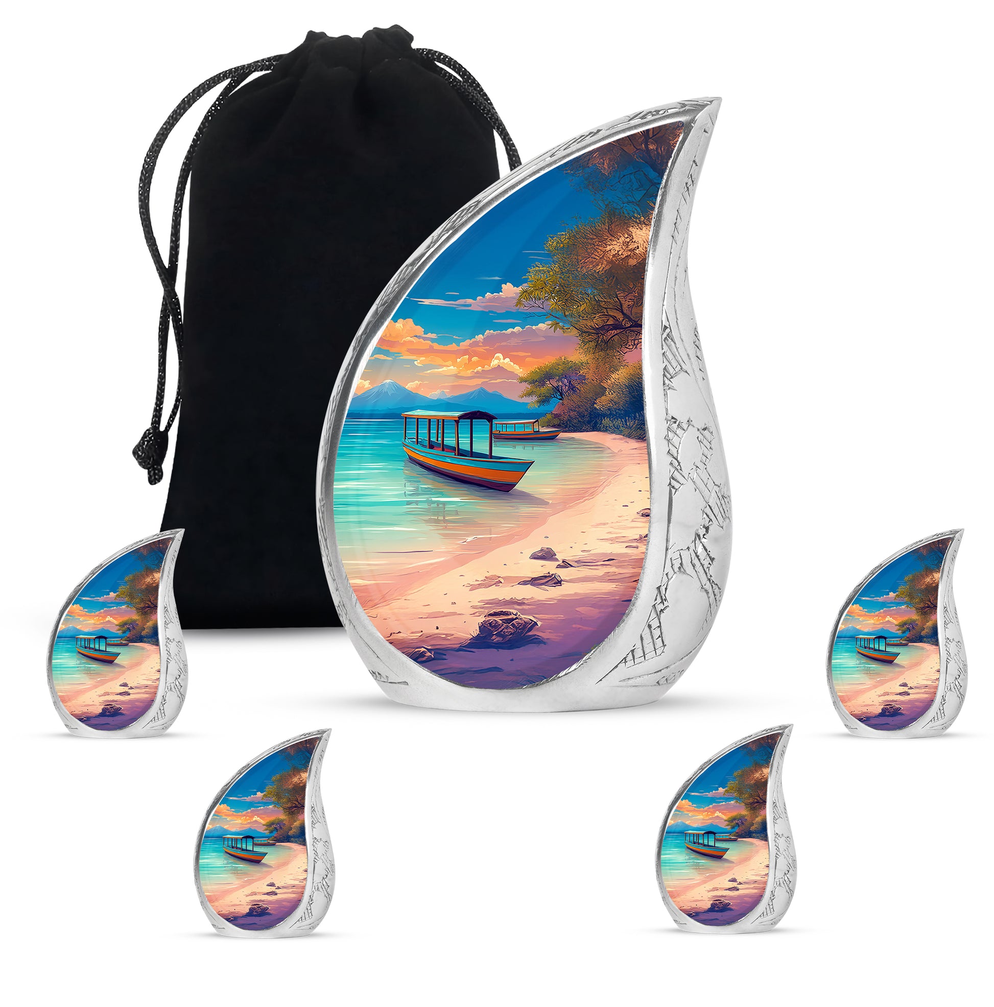 Sapphire Blue Beach Cremation Urn side profile showing urn shape - graceful tear-shaped urn with beach motif - memorial set with one large and four small urns