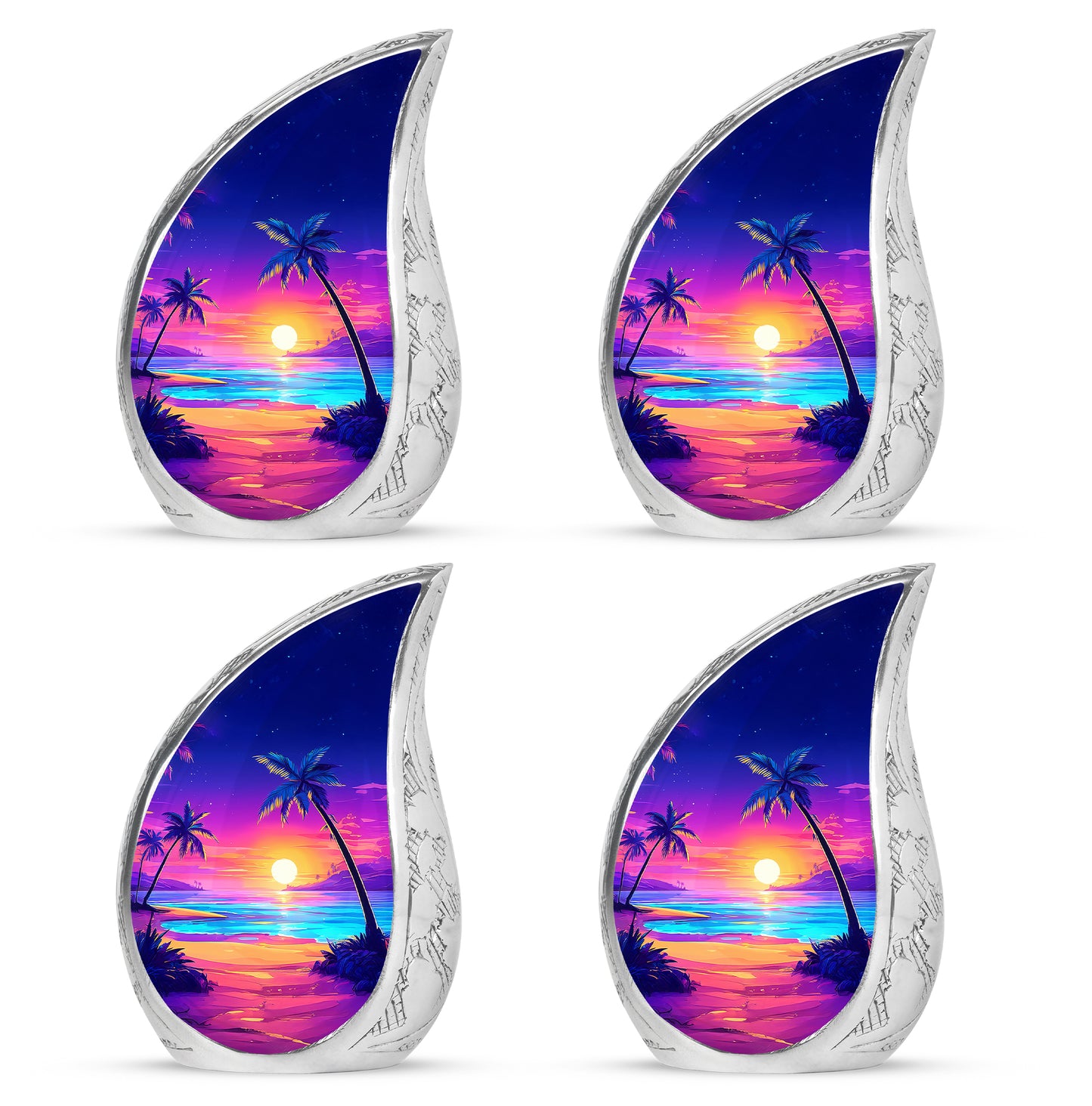 Soft Blue Beach Cremation Urn close-up of engraving and surface detail - smooth teardrop contour featuring beach art - 10 inch aluminum urn for cremated remains