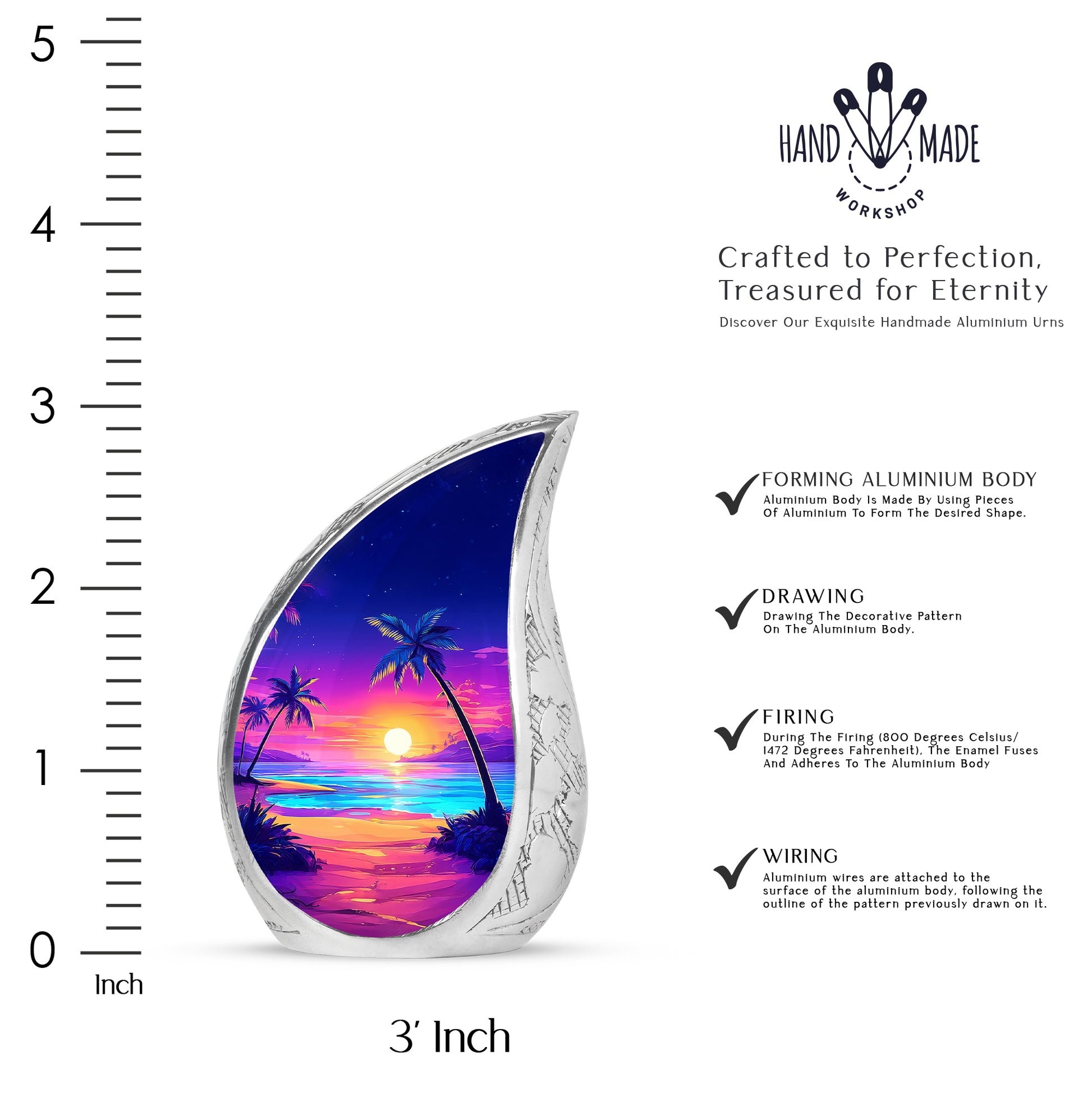 Twilight Blue Beach Cremation Urn angled view of lid and engraved motif - smooth teardrop contour featuring beach art - mini keepsake memorial for portion of cremation ashes