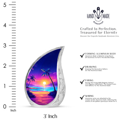 Twilight Blue Beach Cremation Urn angled view of lid and engraved motif - smooth teardrop contour featuring beach art - mini keepsake memorial for portion of cremation ashes
