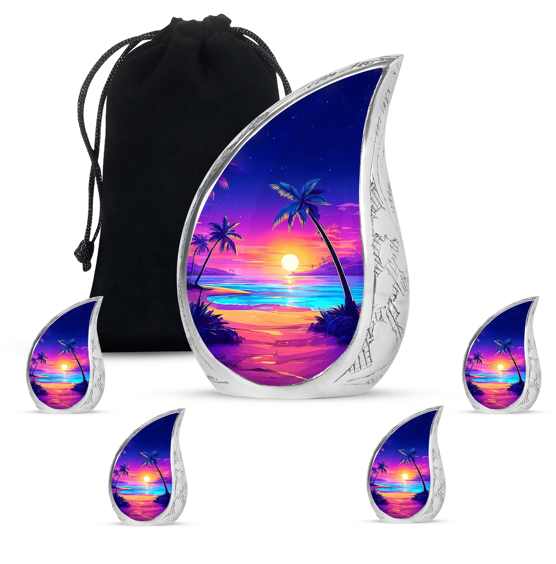Navy Blue Beach Cremation Urn side profile showing urn shape - flowing teardrop beach silhouette on curved aluminum - memorial set with one large and four small urns